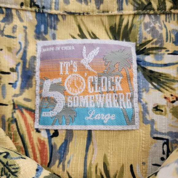 It's 5 O'Clock Somewhere Mens Silk Hawaiian Button Shirt Large Yellow Tropical - Picture 12 of 12
